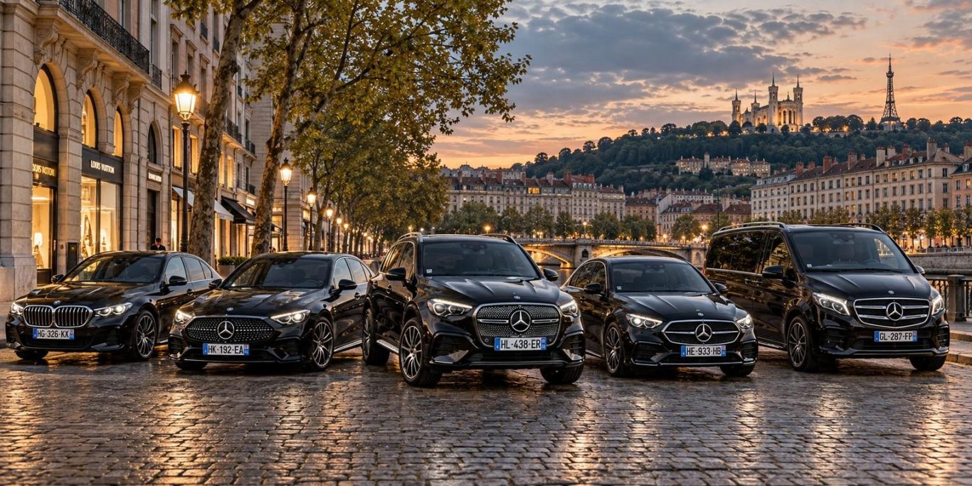 Berlines et van avec chauffeur privé sur les quais de Saône à Lyon, face à Fourvière