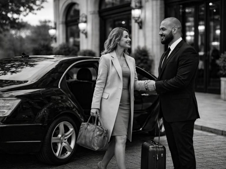 Chauffeur privé accueillant une cliente devant un hôtel à Lyon