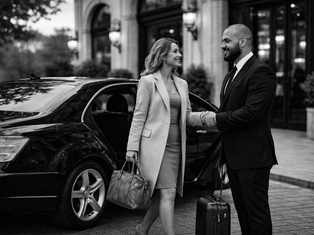 Chauffeur privé accueillant une cliente devant un grand hôtel de Lyon